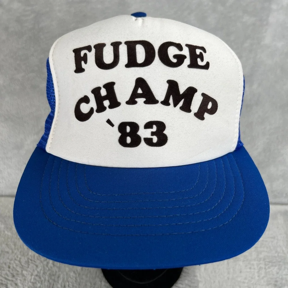 Vintage 1983 Fudge Champ Trucker Hat Large Blue Mesh Snapback Sportcap Retro